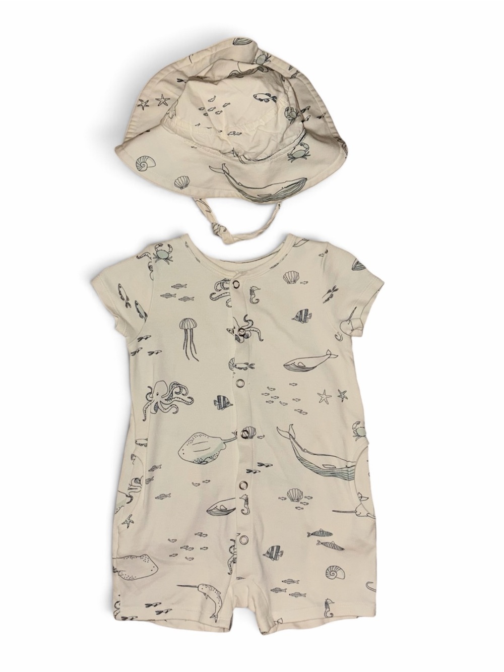 6-12 month. Kids' Cream Ocean Print Matching Set with Sun Hat